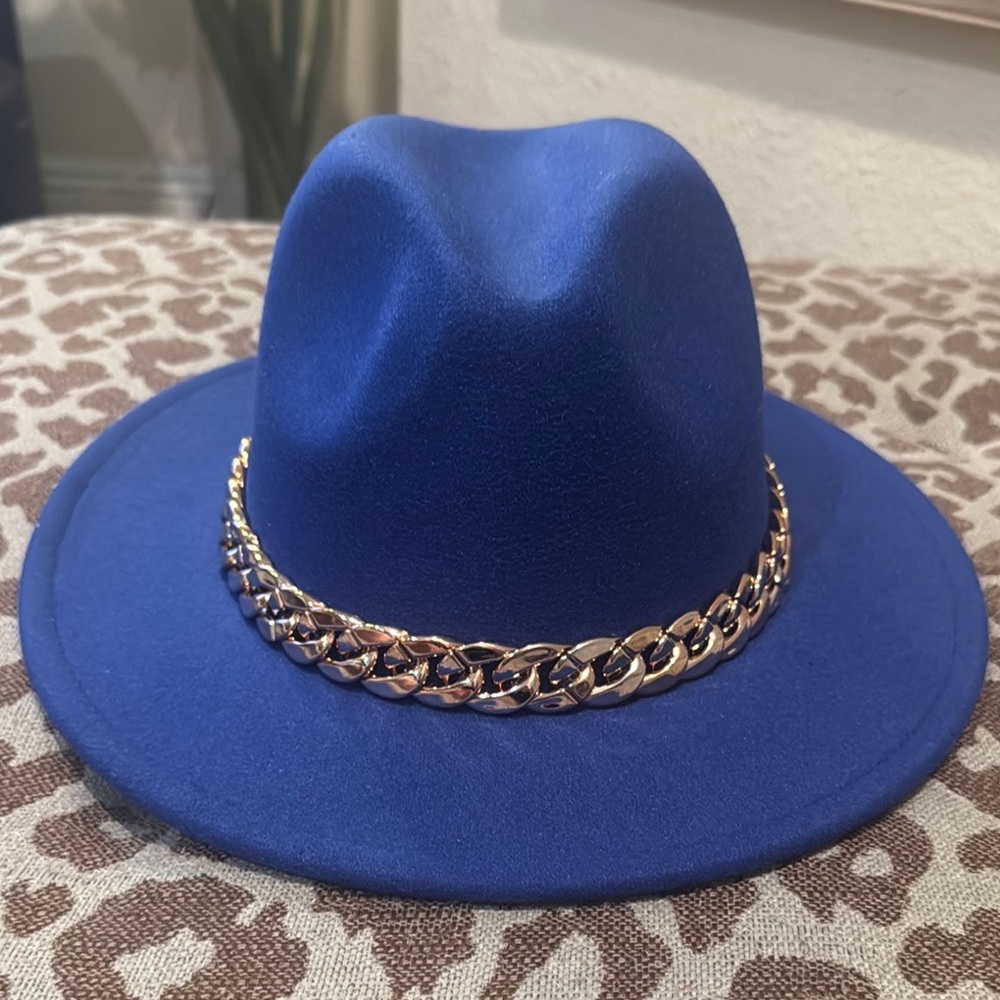 Royal Blue Fedora Hat with Removable Gold Chain